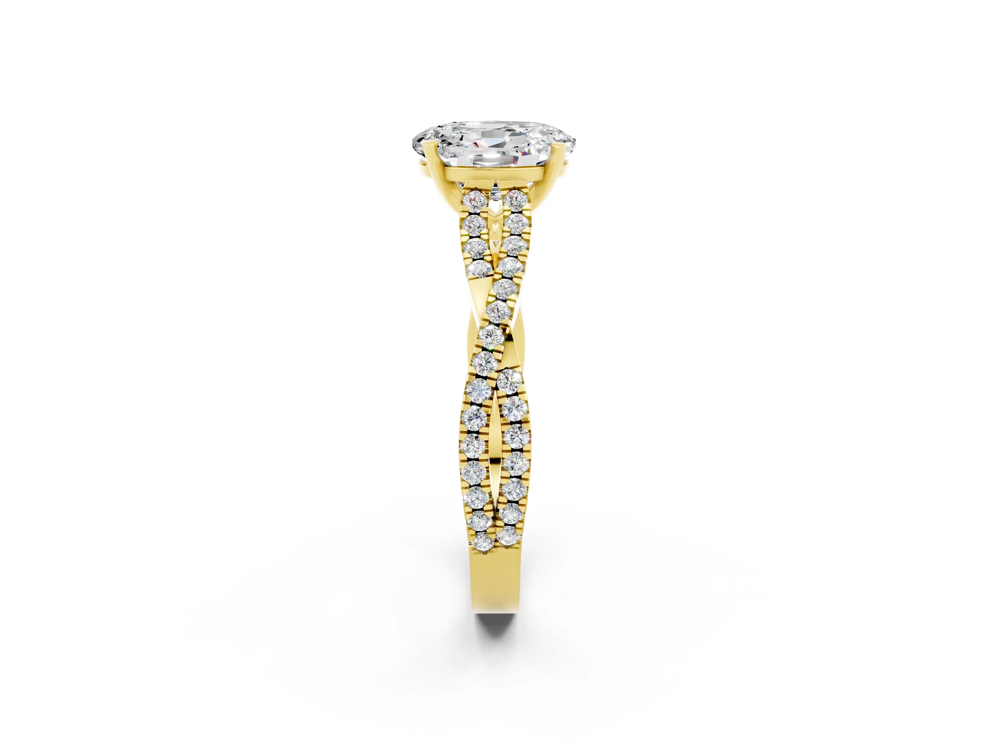 Yellow gold Oval Cut Moissanite Solitaire Engagement Ring with Twisted Pavé Band and Four-Prong Setting_2