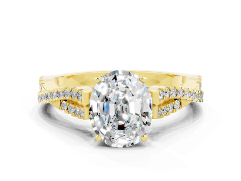 Yellow gold Oval Cut Moissanite Solitaire Engagement Ring with Twisted Pavé Band and Four-Prong Setting