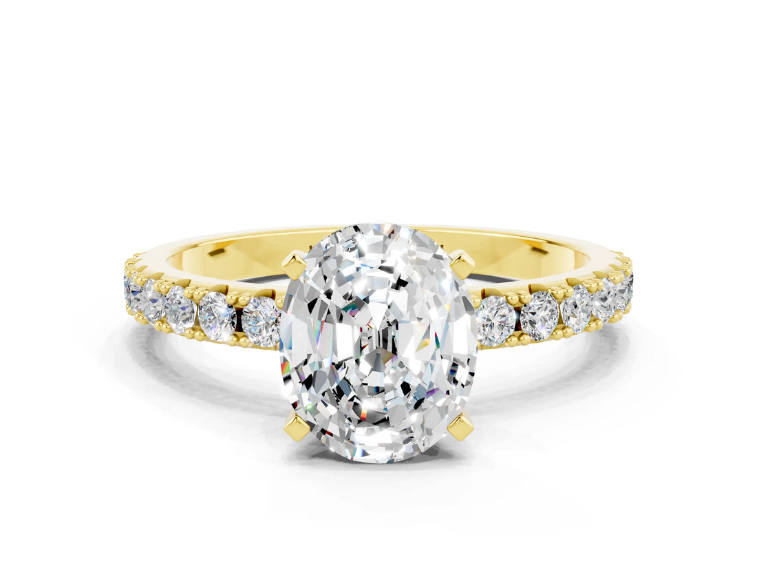 Yellow gold Oval Cut Moissanite Solitaire Pavé Band with Four-Prong Setting