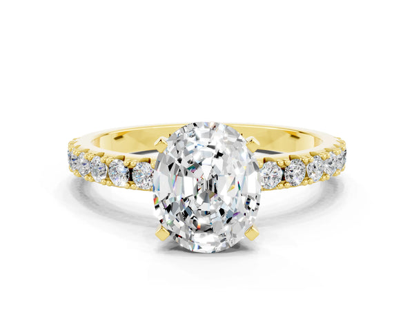Yellow gold Oval Cut Moissanite Solitaire Pavé Band with Four-Prong Setting