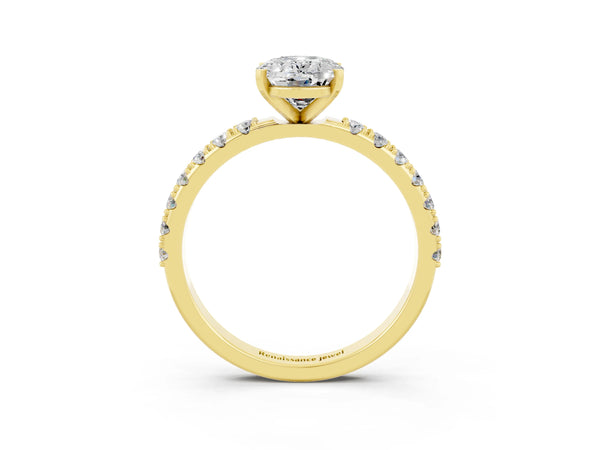 Yellow gold Oval Cut Moissanite Solitaire Pavé Band with Four-Prong Setting