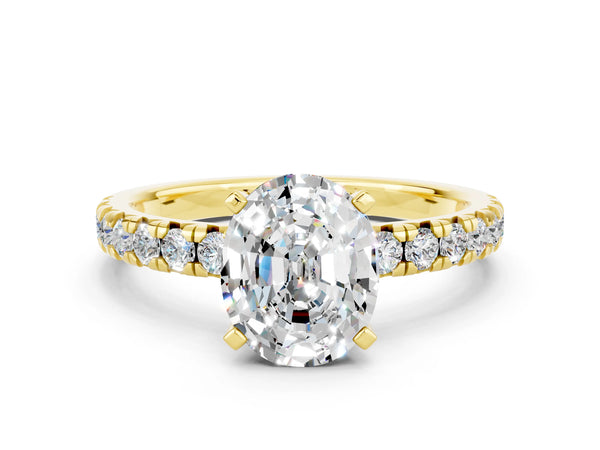 Yellow gold Oval Cut Moissanite Solitaire Pavé Engagement Ring with Round Band and Prong Setting