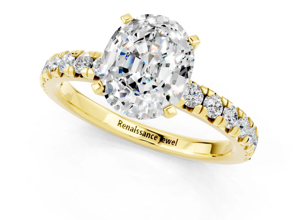 Yellow gold Oval Cut Moissanite Solitaire Pavé Engagement Ring with Round Band and Prong Setting