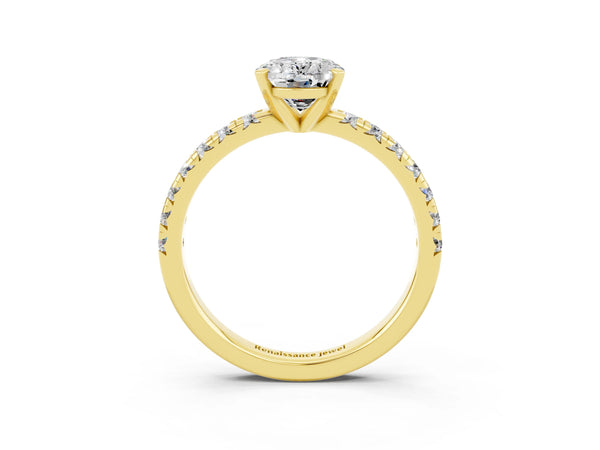 Yellow gold Oval Cut Moissanite Solitaire Pavé Engagement Ring with Round Band and Prong Setting