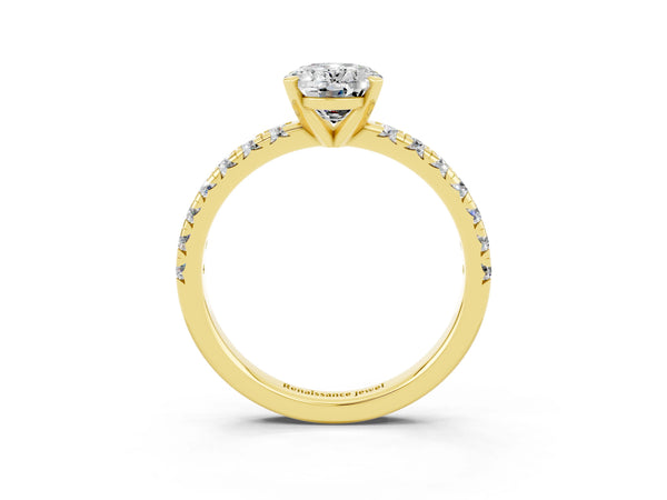 Yellow gold Oval Cut Moissanite Solitaire Pavé Engagement Ring with Round Band and Prong Setting