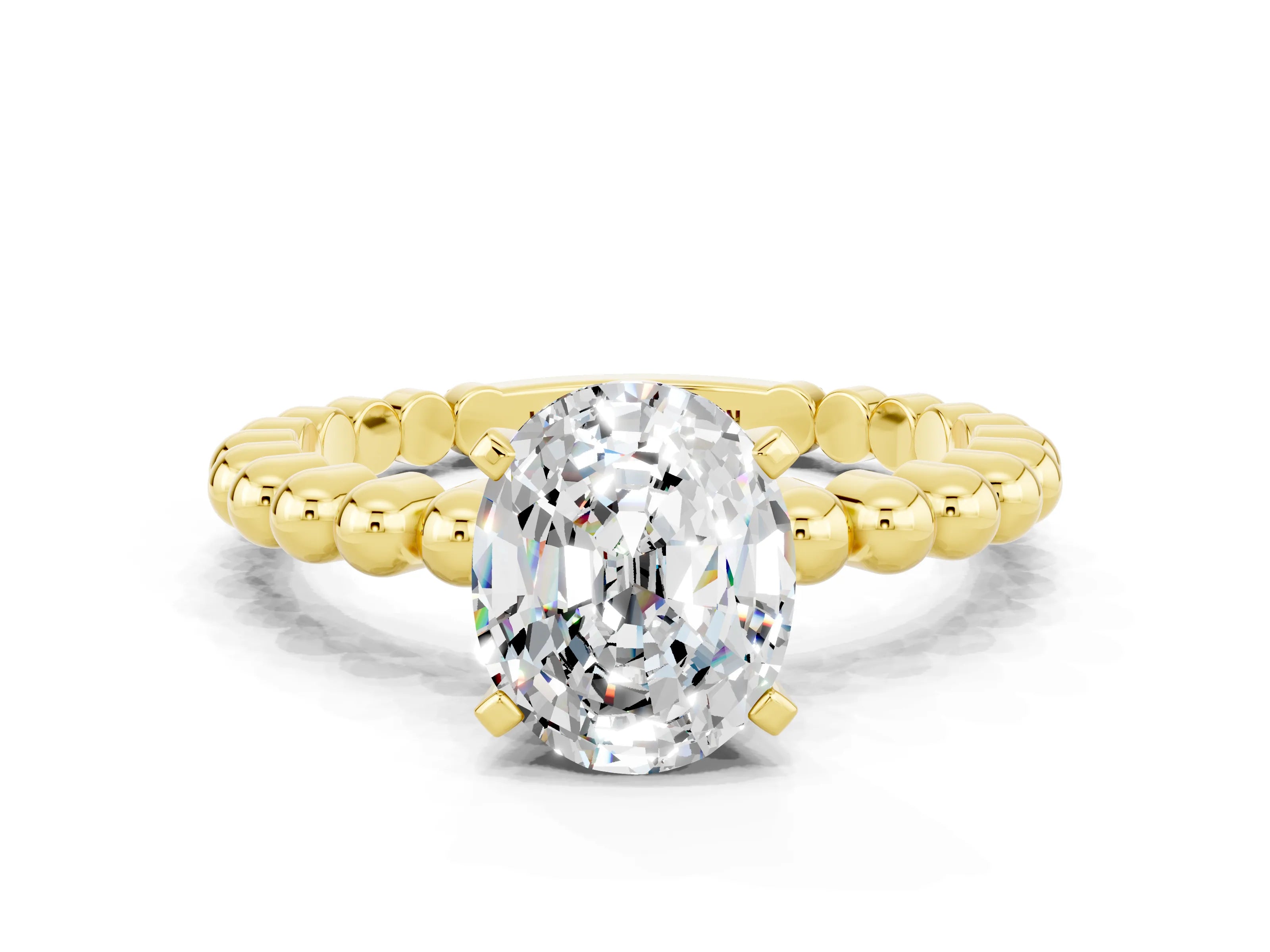 Yellow gold Oval Cut Moissanite Solitaire Ring with Beaded Band and Prong Setting