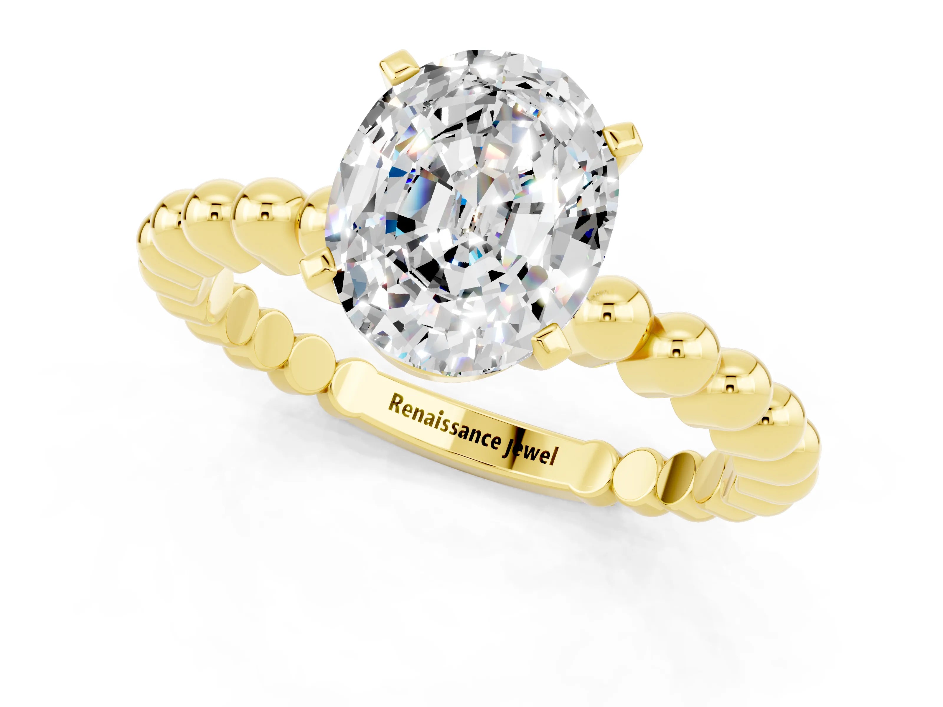 Yellow gold Oval Cut Moissanite Solitaire Ring with Beaded Band and Prong Setting_1