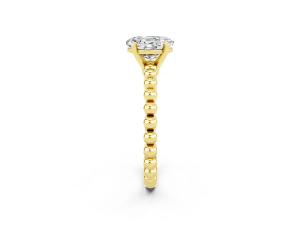 Yellow gold Oval Cut Moissanite Solitaire Ring with Beaded Band and Prong Setting