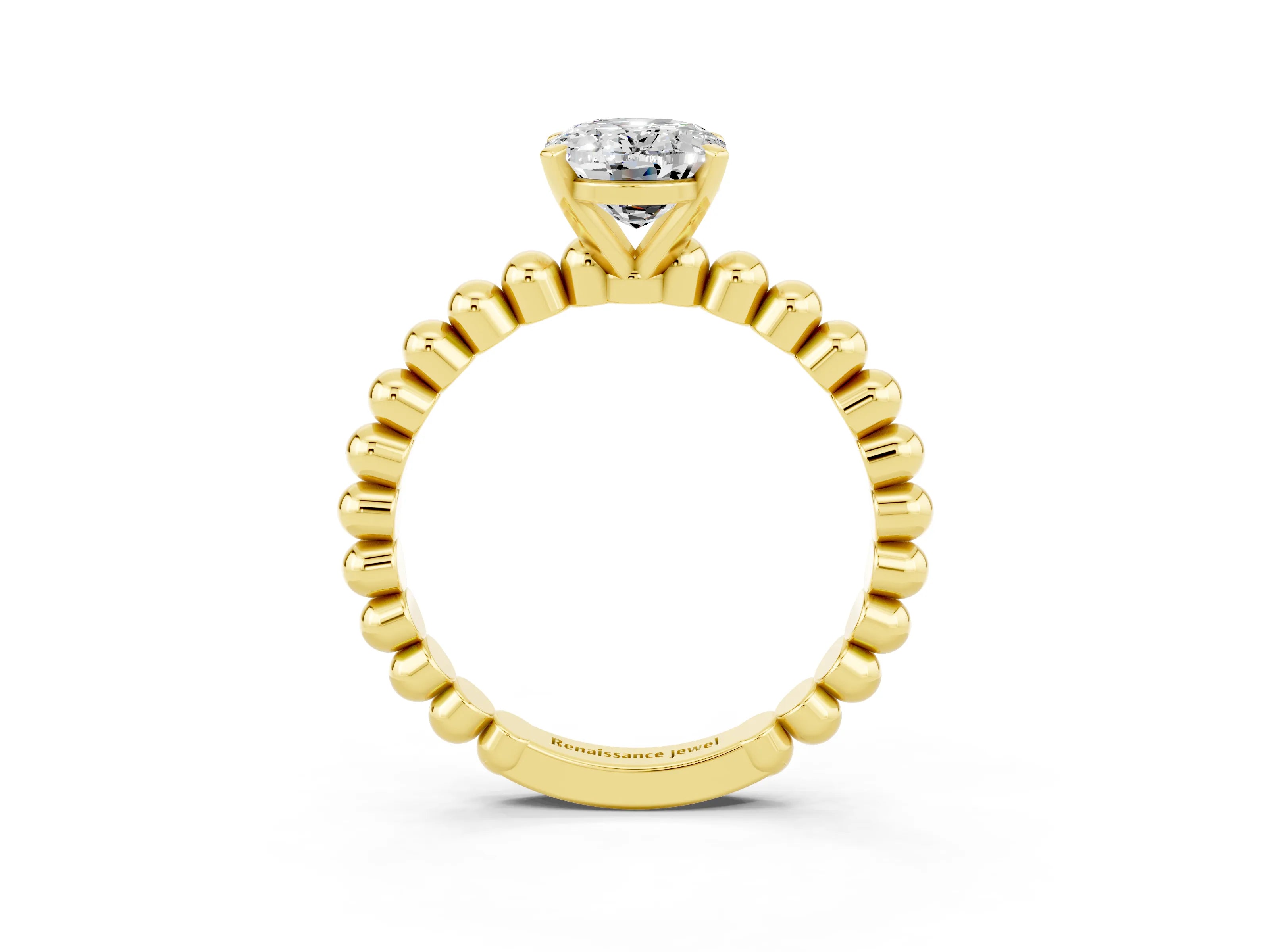 Yellow gold Oval Cut Moissanite Solitaire Ring with Beaded Band and Prong Setting_3