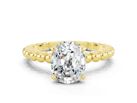 Yellow gold Oval Cut Moissanite Solitaire Ring with Beaded Band and Prong Setting