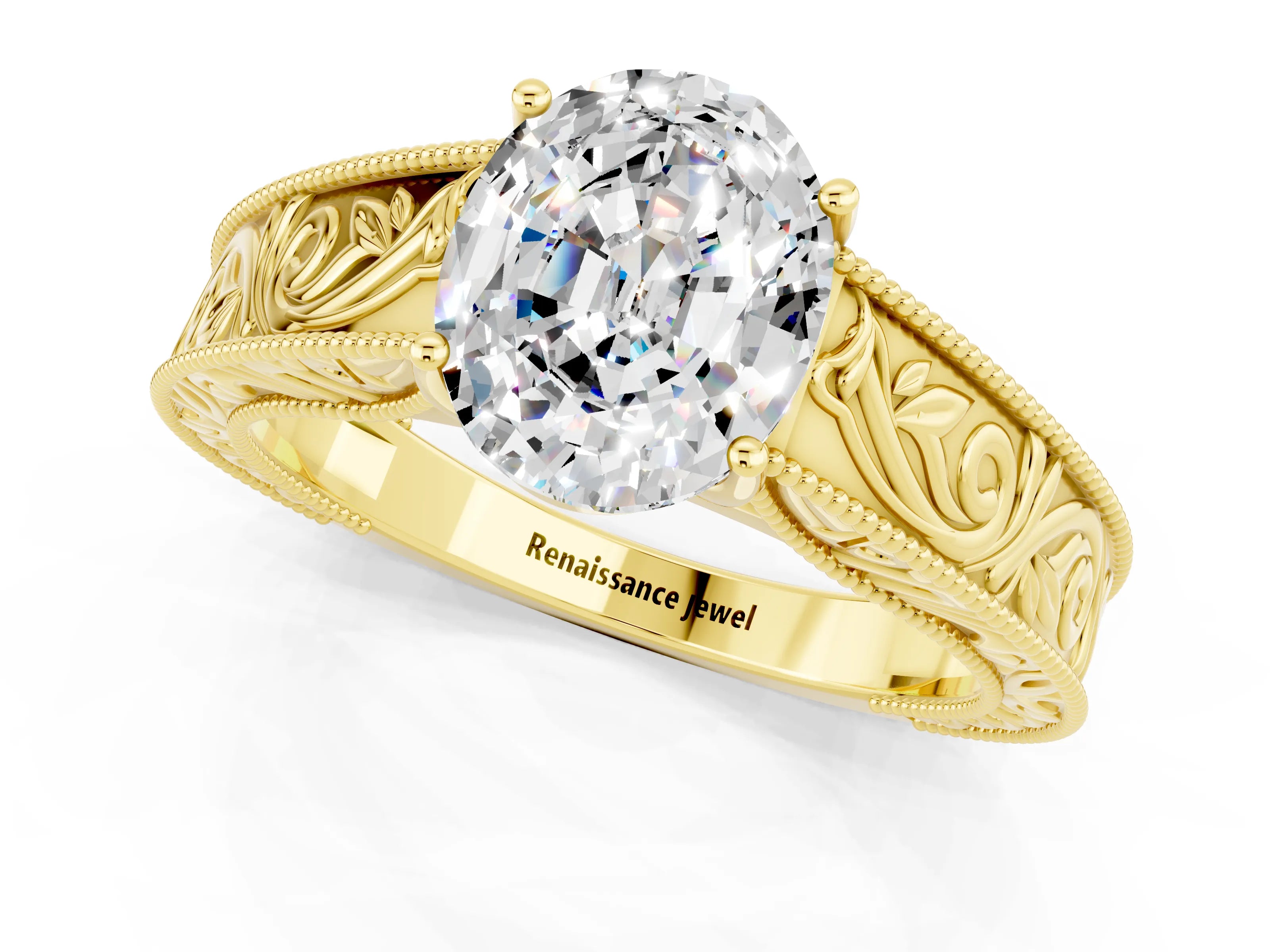 Yellow gold Oval Cut Moissanite Solitaire Ring with Engraved Band and Four-Prong Setting_1