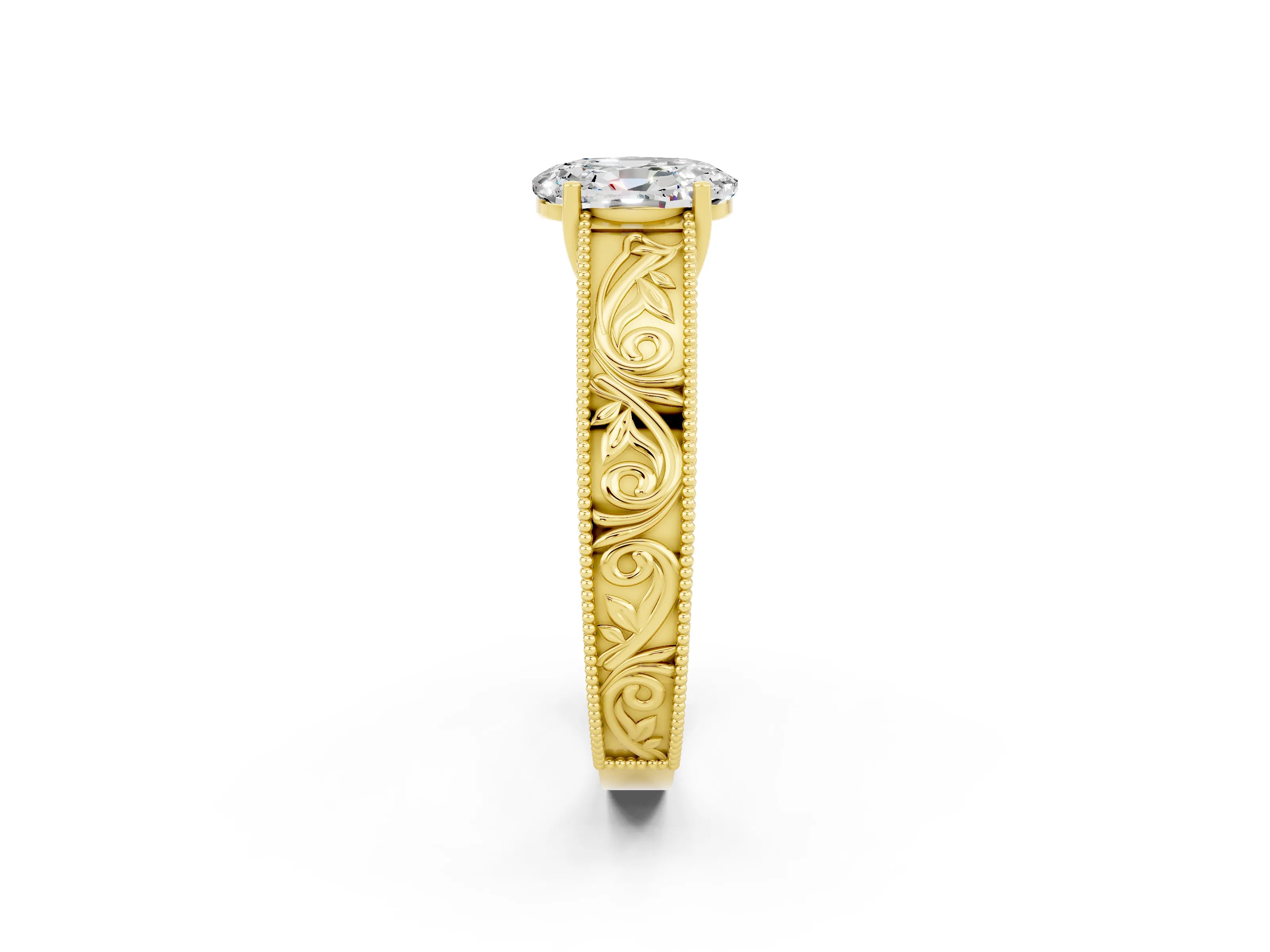 Yellow gold Oval Cut Moissanite Solitaire Ring with Engraved Band and Four-Prong Setting_2