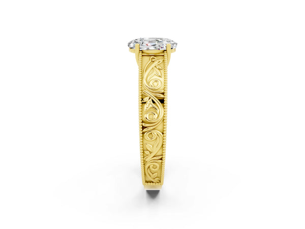 Yellow gold Oval Cut Moissanite Solitaire Ring with Engraved Band and Four-Prong Setting