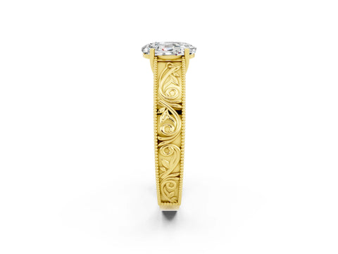 Yellow gold Oval Cut Moissanite Solitaire Ring with Engraved Band and Four-Prong Setting_2