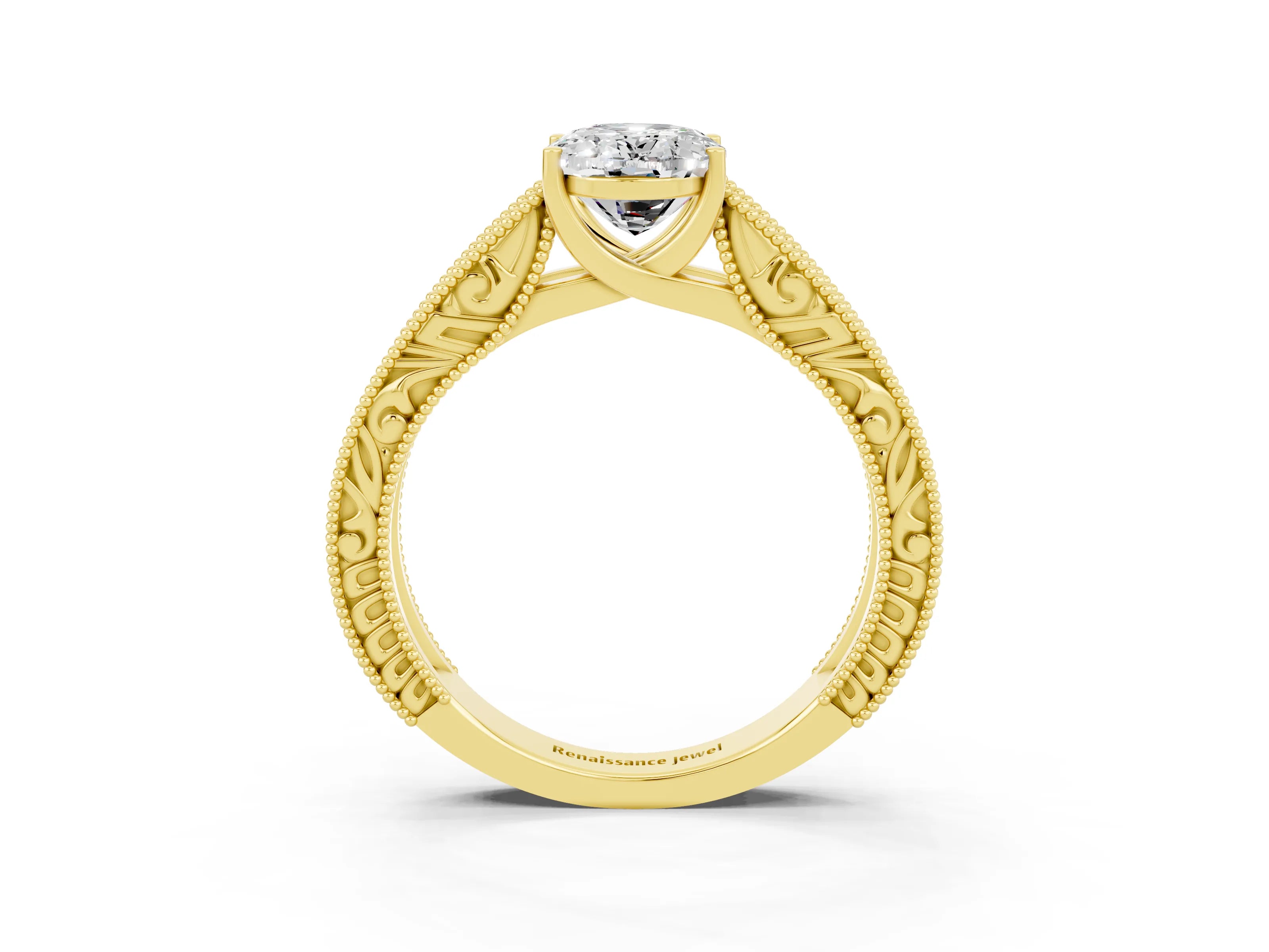 Yellow gold Oval Cut Moissanite Solitaire Ring with Engraved Band and Four-Prong Setting_3