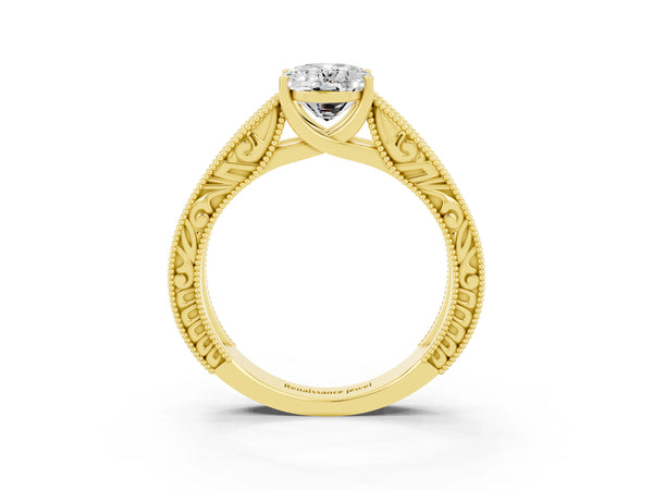 Yellow gold Oval Cut Moissanite Solitaire Ring with Engraved Band and Four-Prong Setting