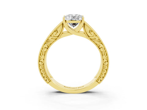 Yellow gold Oval Cut Moissanite Solitaire Ring with Engraved Band and Four-Prong Setting_3