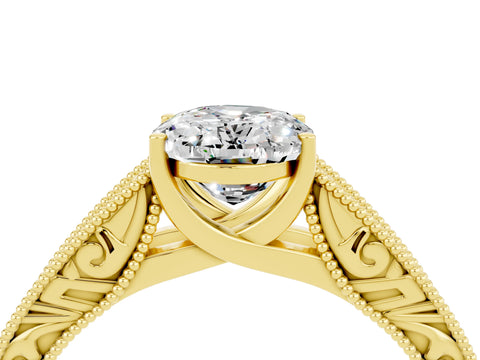 Yellow gold Oval Cut Moissanite Solitaire Ring with Engraved Band and Four-Prong Setting_4