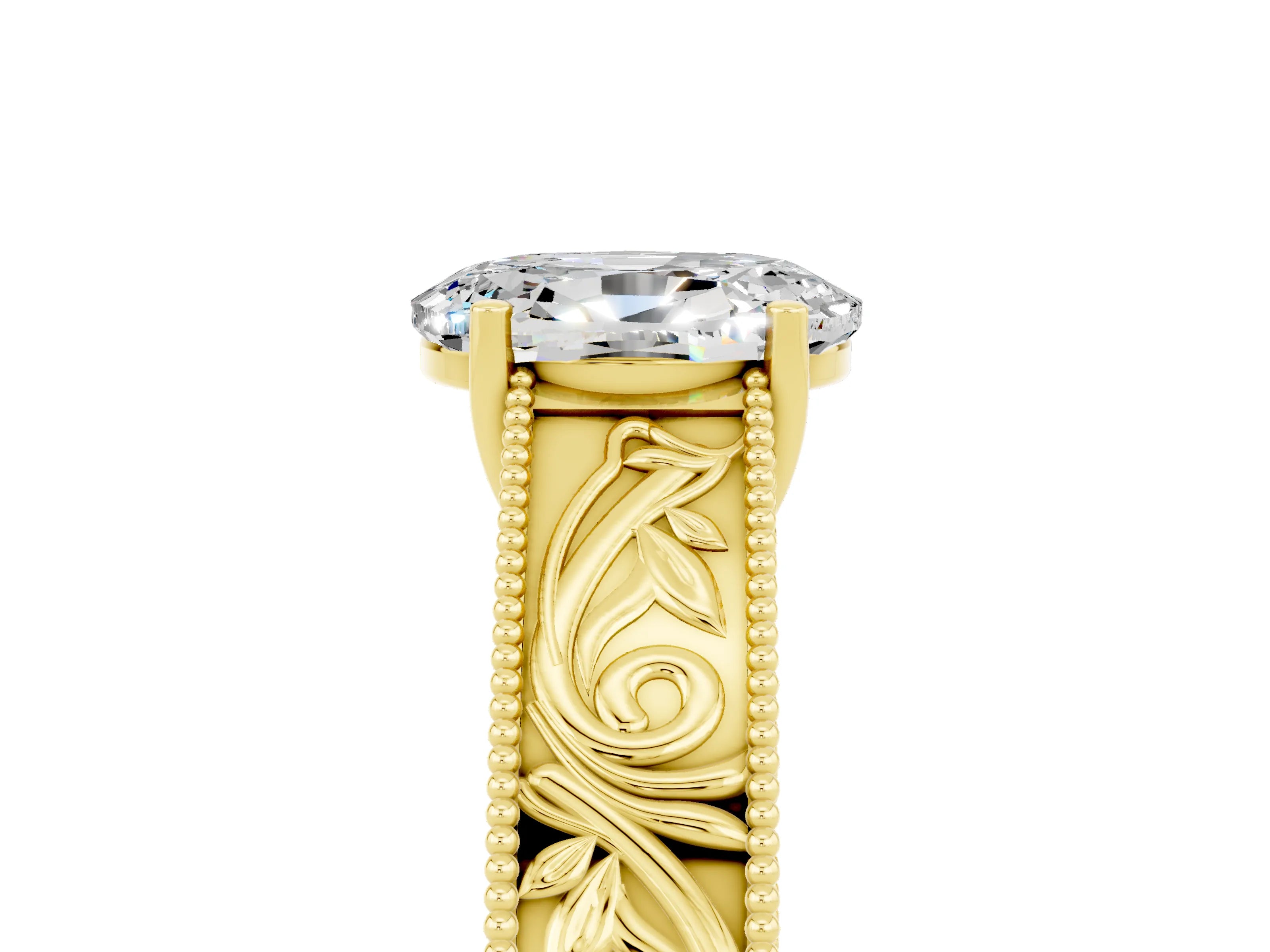 Yellow gold Oval Cut Moissanite Solitaire Ring with Engraved Band and Four-Prong Setting_5