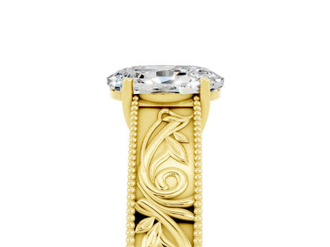 Yellow gold Oval Cut Moissanite Solitaire Ring with Engraved Band and Four-Prong Setting_5