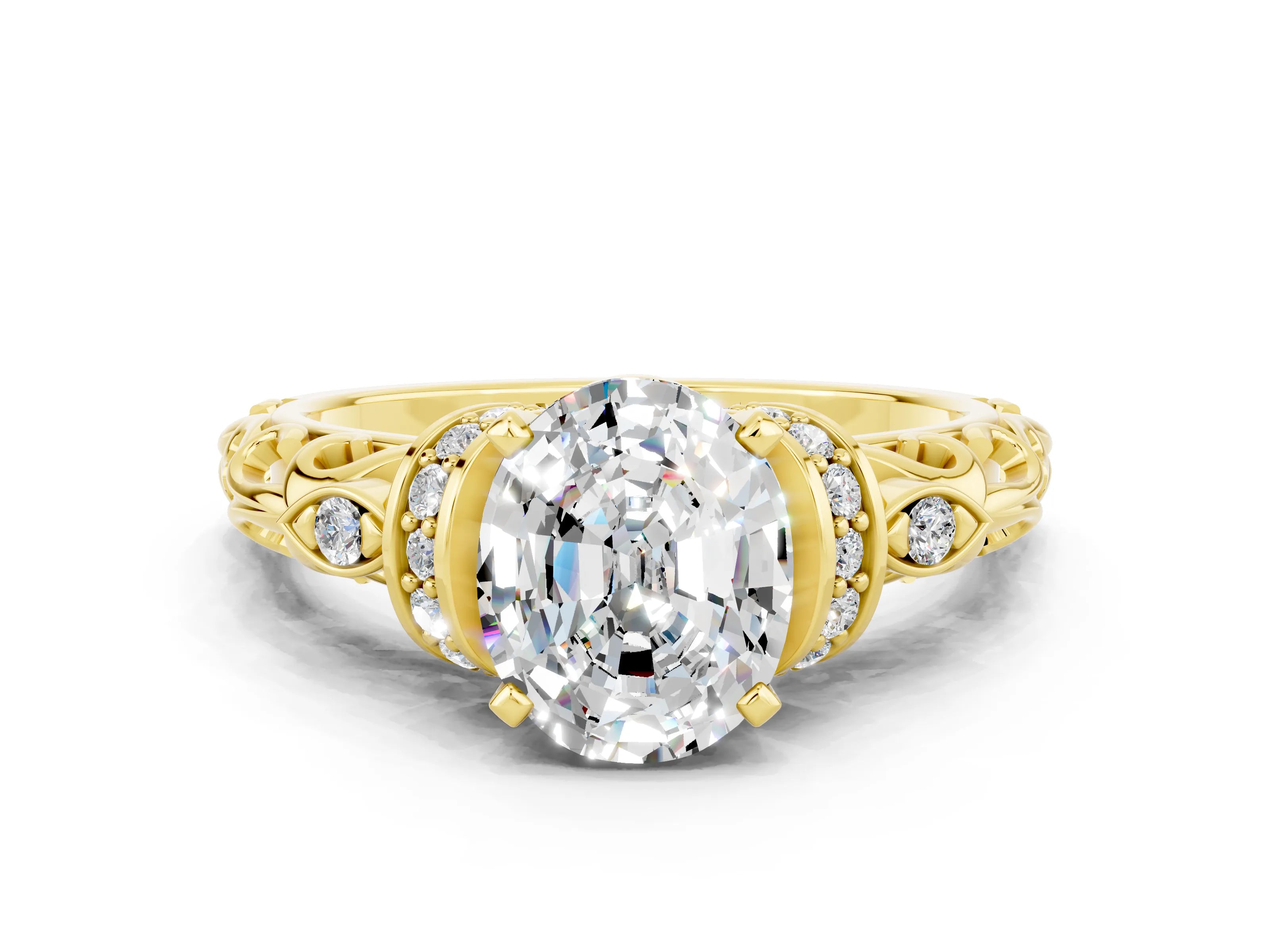 Yellow gold Oval Cut Moissanite Solitaire Ring with Filigree Band and Four-Prong Setting_24