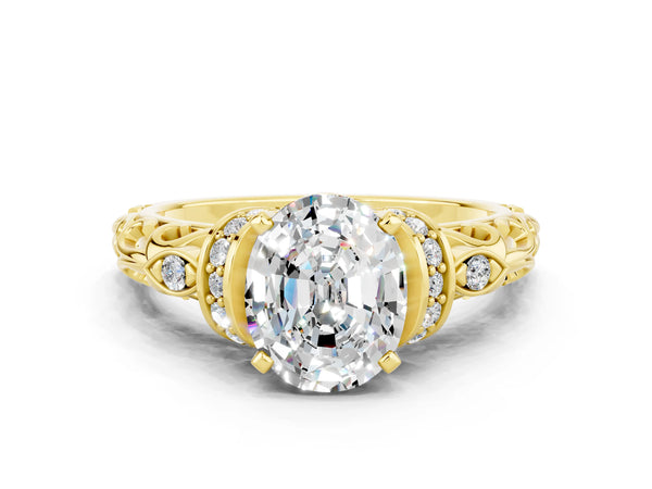 Yellow gold Oval Cut Moissanite Solitaire Ring with Filigree Band and Four-Prong Setting