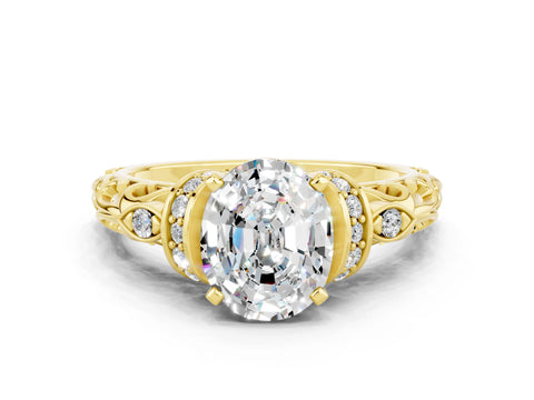 Yellow gold Oval Cut Moissanite Solitaire Ring with Filigree Band and Four-Prong Setting_24