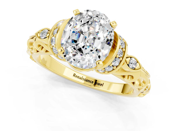 Yellow gold Oval Cut Moissanite Solitaire Ring with Filigree Band and Four-Prong Setting