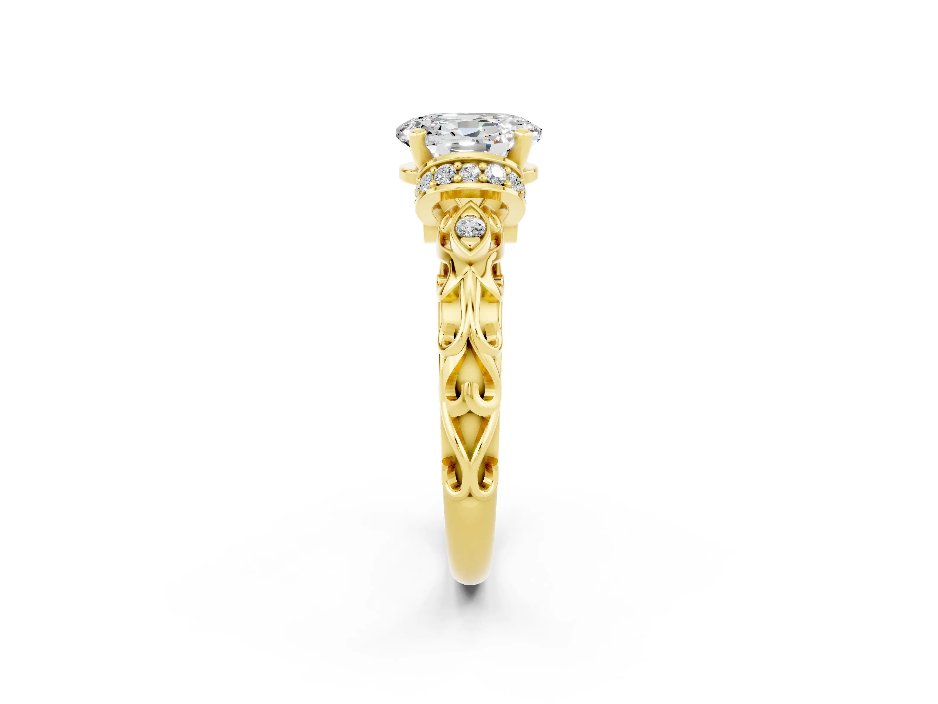 Yellow gold Oval Cut Moissanite Solitaire Ring with Filigree Band and Four-Prong Setting_26