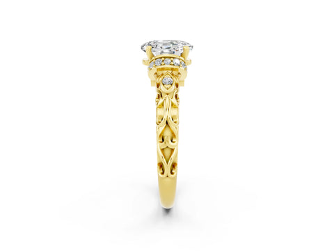 Yellow gold Oval Cut Moissanite Solitaire Ring with Filigree Band and Four-Prong Setting_26