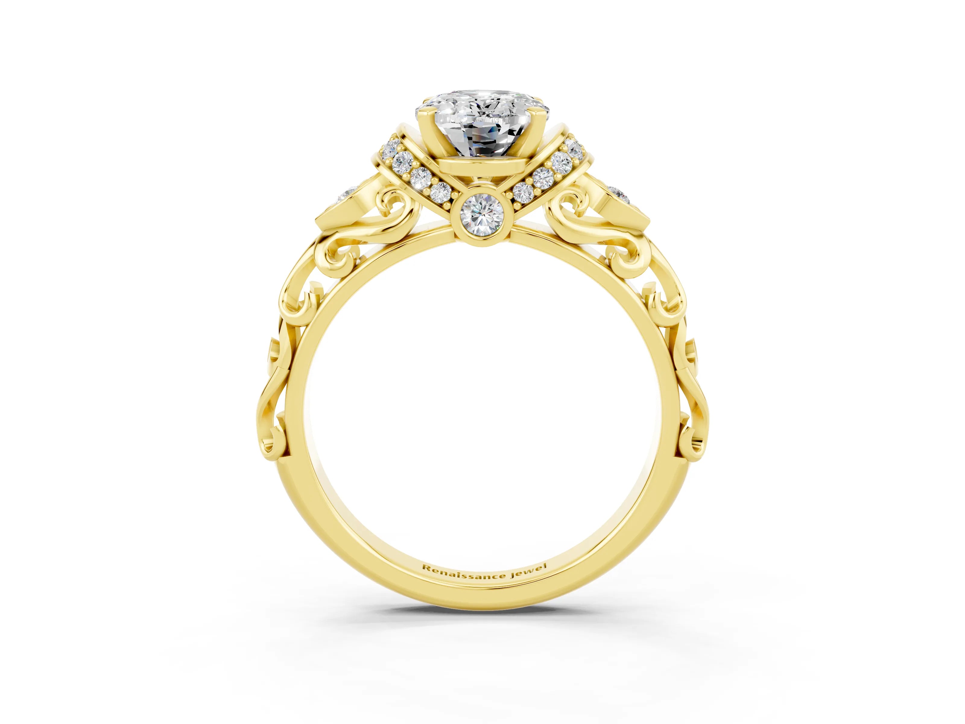 Yellow gold Oval Cut Moissanite Solitaire Ring with Filigree Band and Four-Prong Setting_27