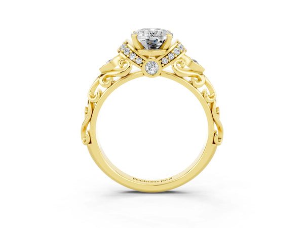 Yellow gold Oval Cut Moissanite Solitaire Ring with Filigree Band and Four-Prong Setting