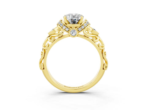 Yellow gold Oval Cut Moissanite Solitaire Ring with Filigree Band and Four-Prong Setting_27