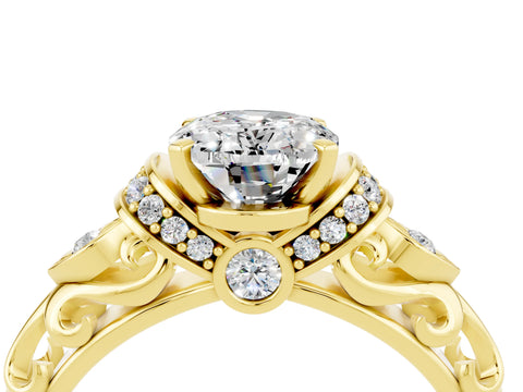 Yellow gold Oval Cut Moissanite Solitaire Ring with Filigree Band and Four-Prong Setting_28