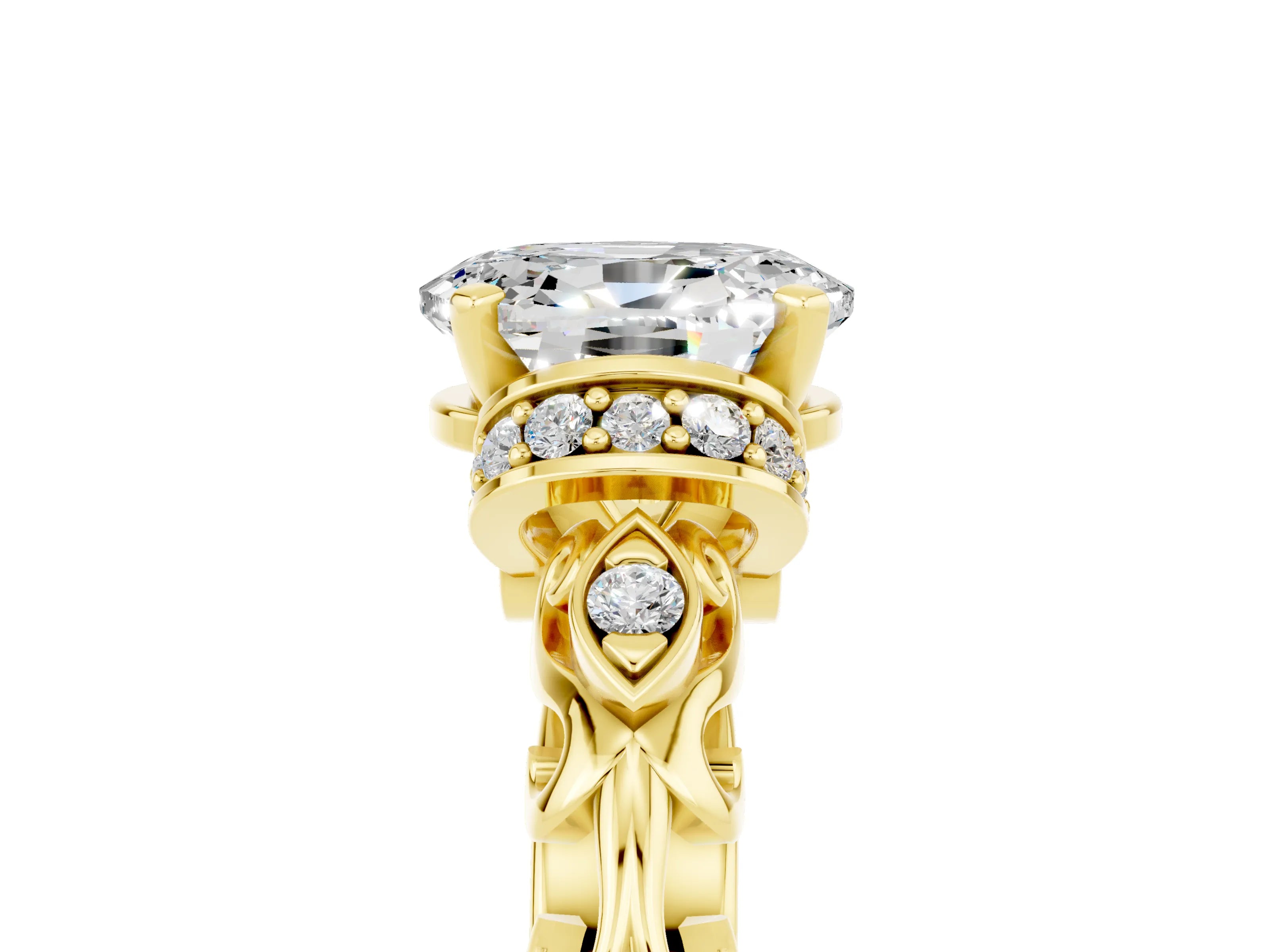 Yellow gold Oval Cut Moissanite Solitaire Ring with Filigree Band and Four-Prong Setting_29
