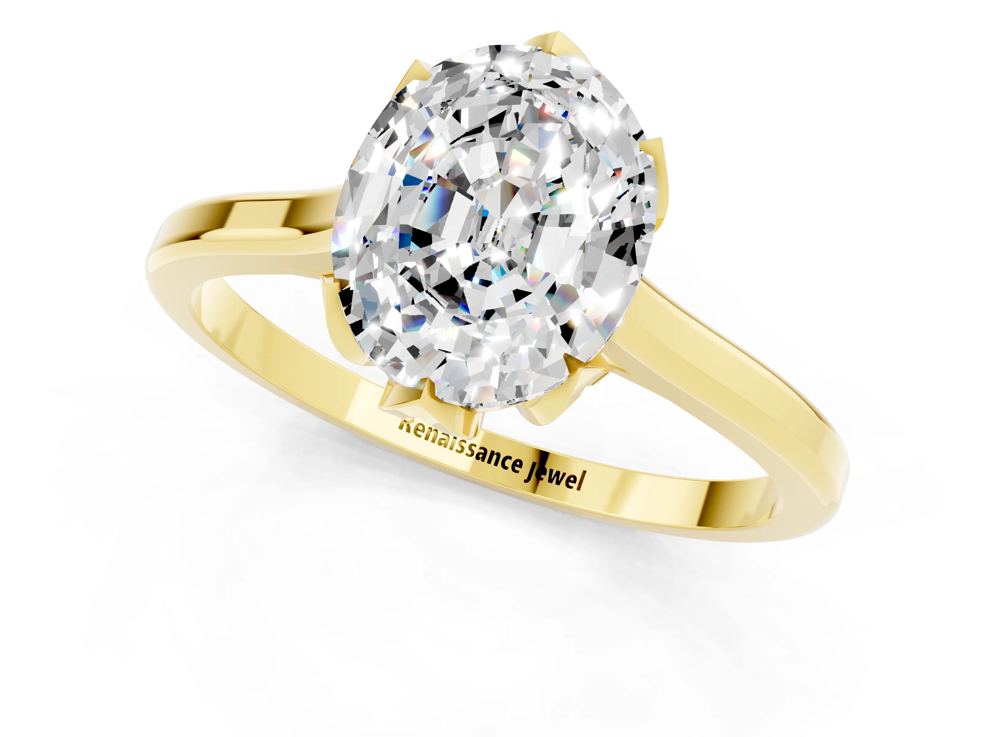 Yellow gold Oval Cut Moissanite Solitaire Ring with Flower Prong Setting and Classic Band_25