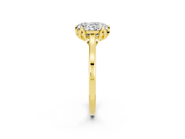 Yellow gold Oval Cut Moissanite Solitaire Ring with Flower Prong Setting and Classic Band