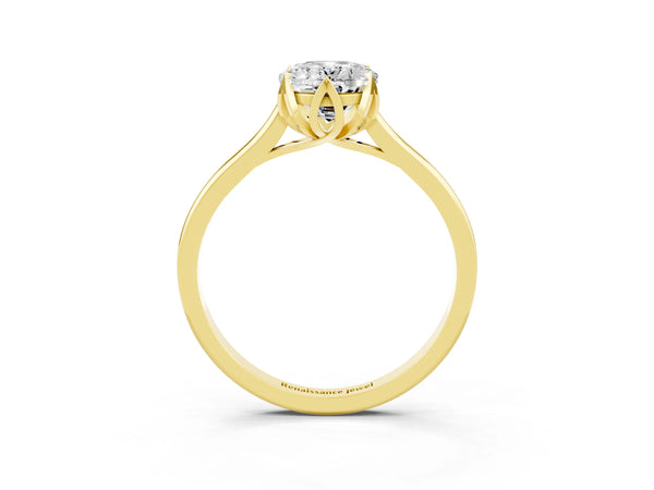 Yellow gold Oval Cut Moissanite Solitaire Ring with Flower Prong Setting and Classic Band