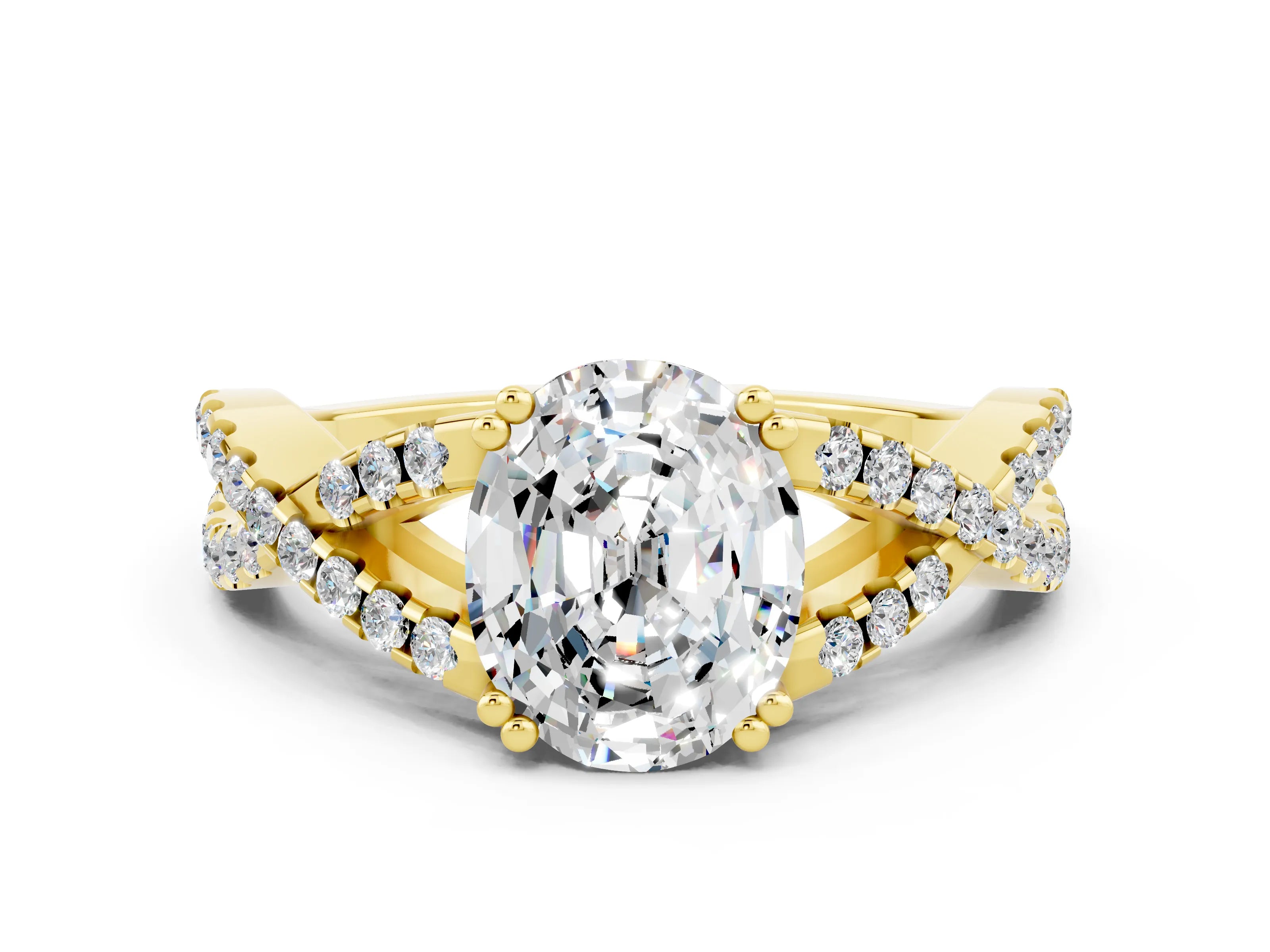 Yellow gold Oval Cut Moissanite Solitaire Ring with Four-Prong Setting and Twisted Pavé Band