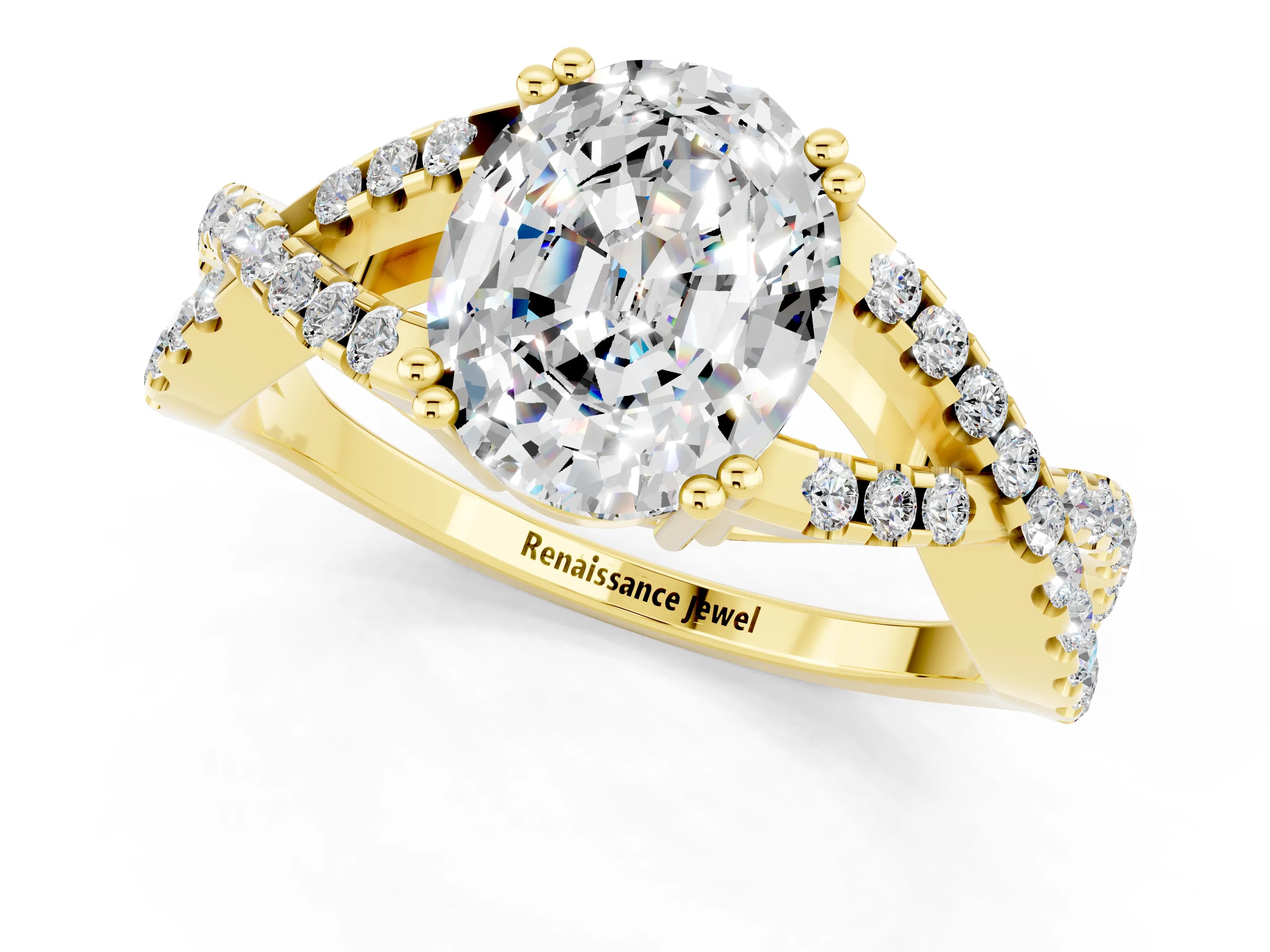 Yellow gold Oval Cut Moissanite Solitaire Ring with Four-Prong Setting and Twisted Pavé Band_1