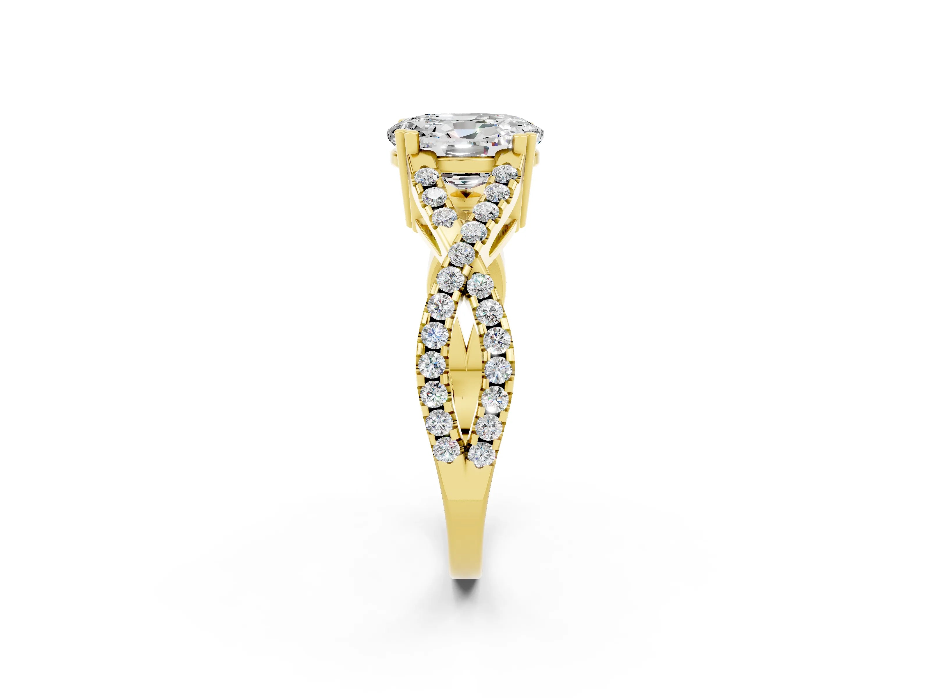 Yellow gold Oval Cut Moissanite Solitaire Ring with Four-Prong Setting and Twisted Pavé Band_2