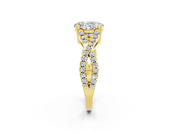 Yellow gold Oval Cut Moissanite Solitaire Ring with Four-Prong Setting and Twisted Pavé Band