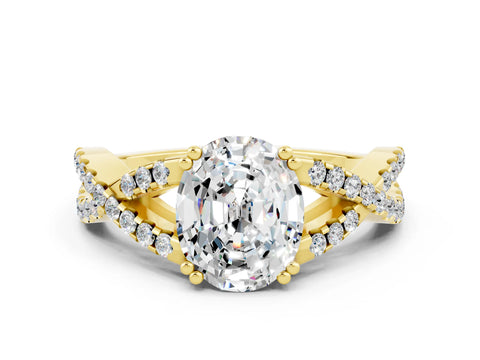 Yellow gold Oval Cut Moissanite Solitaire Ring with Four-Prong Setting and Twisted Pavé Band