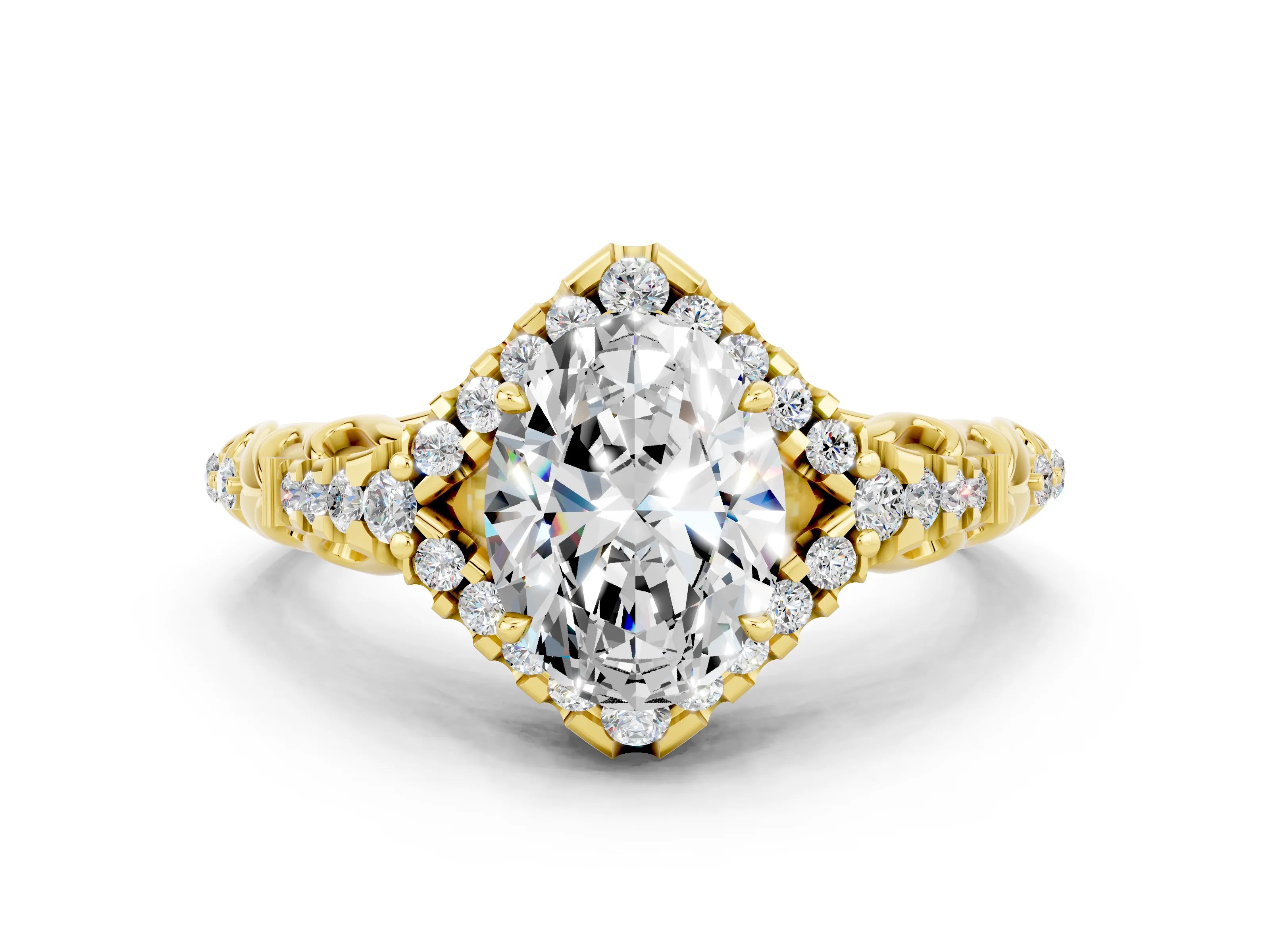 Yellow gold Oval Cut Moissanite Solitaire Ring with Hidden Halo and Pavé Band_12