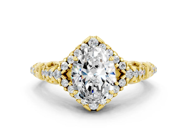 Yellow gold Oval Cut Moissanite Solitaire Ring with Hidden Halo and Pavé Band