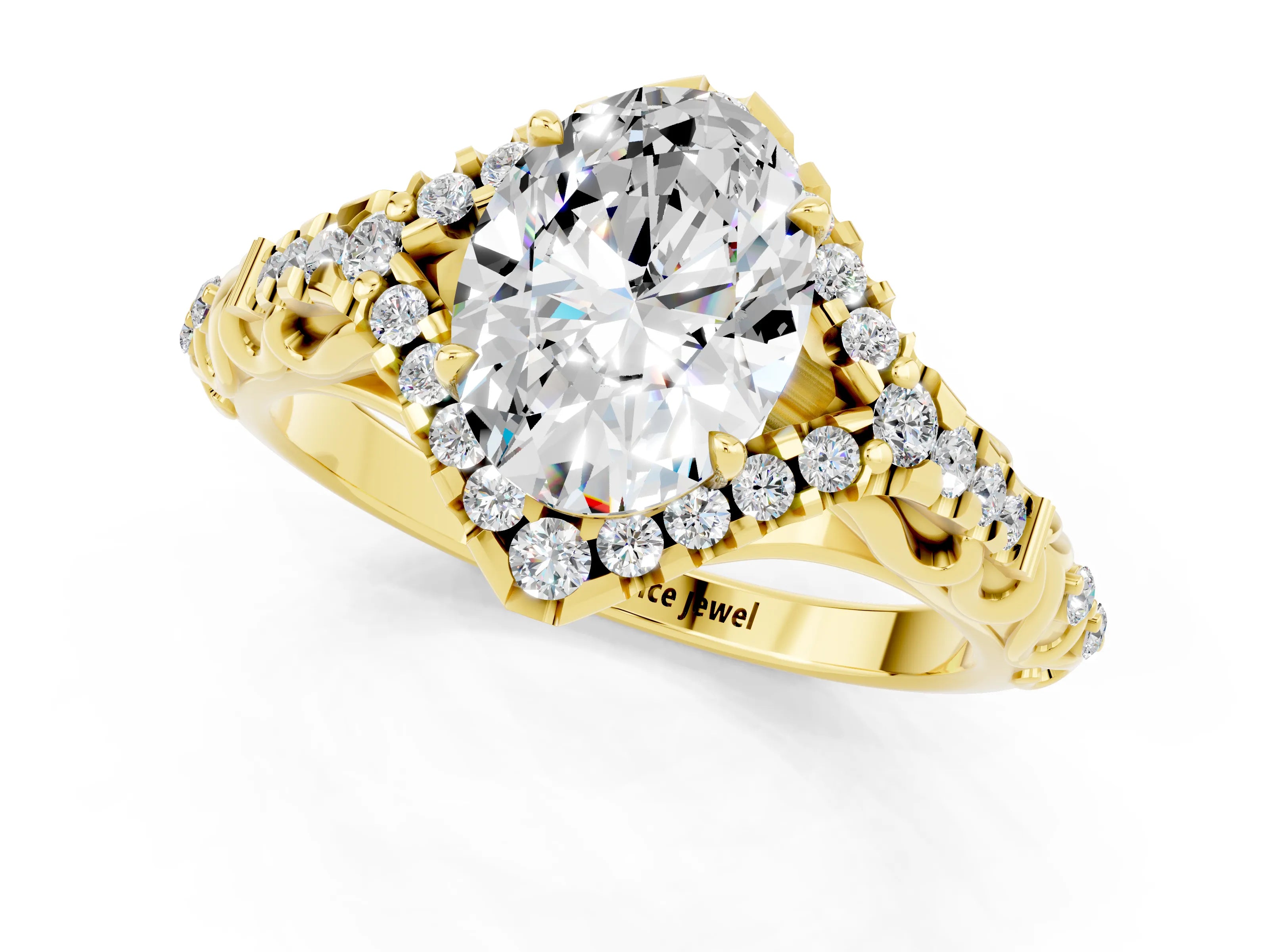 Yellow gold Oval Cut Moissanite Solitaire Ring with Hidden Halo and Pavé Band_13