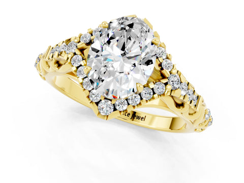 Yellow gold Oval Cut Moissanite Solitaire Ring with Hidden Halo and Pavé Band_13