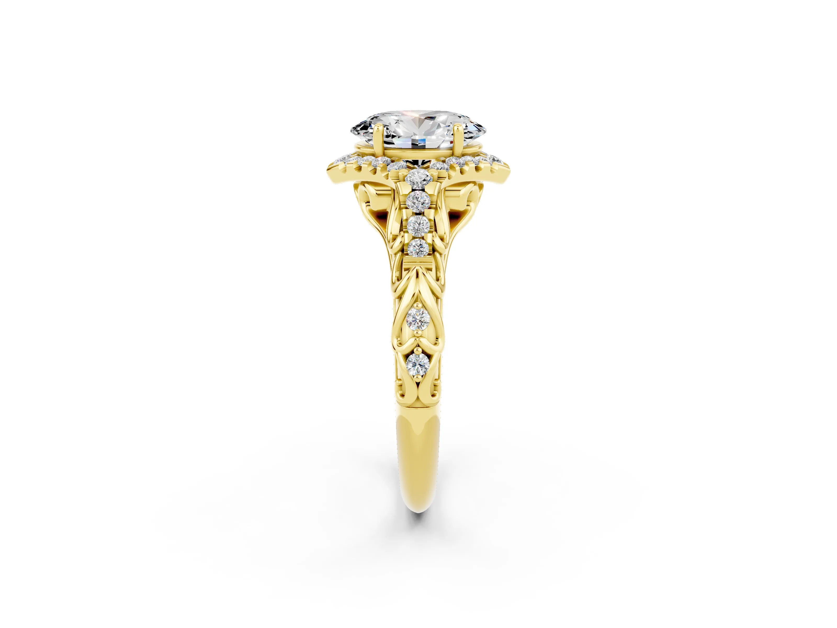 Yellow gold Oval Cut Moissanite Solitaire Ring with Hidden Halo and Pavé Band_14
