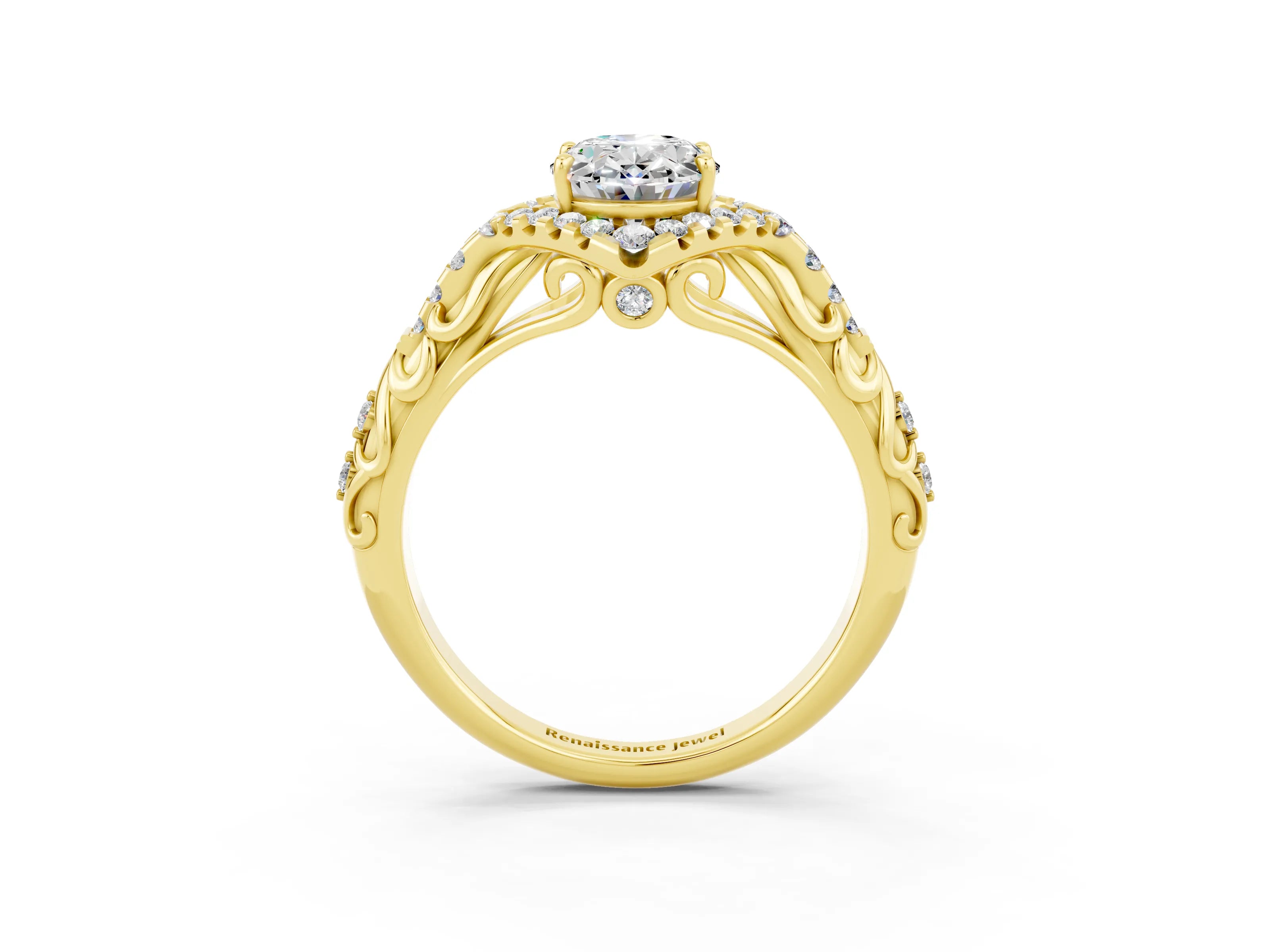 Yellow gold Oval Cut Moissanite Solitaire Ring with Hidden Halo and Pavé Band_15