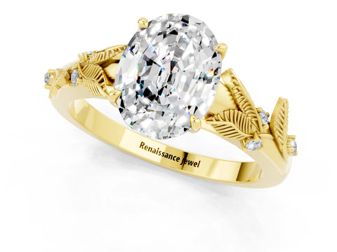 Yellow gold Oval Cut Moissanite Solitaire Ring with Leaf Motif Band and Four-Prong Setting_1